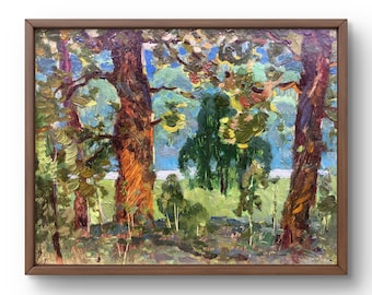 緑の森の絵画 オリジナルの木々の壁アート 川の油絵 キャンバスに描か