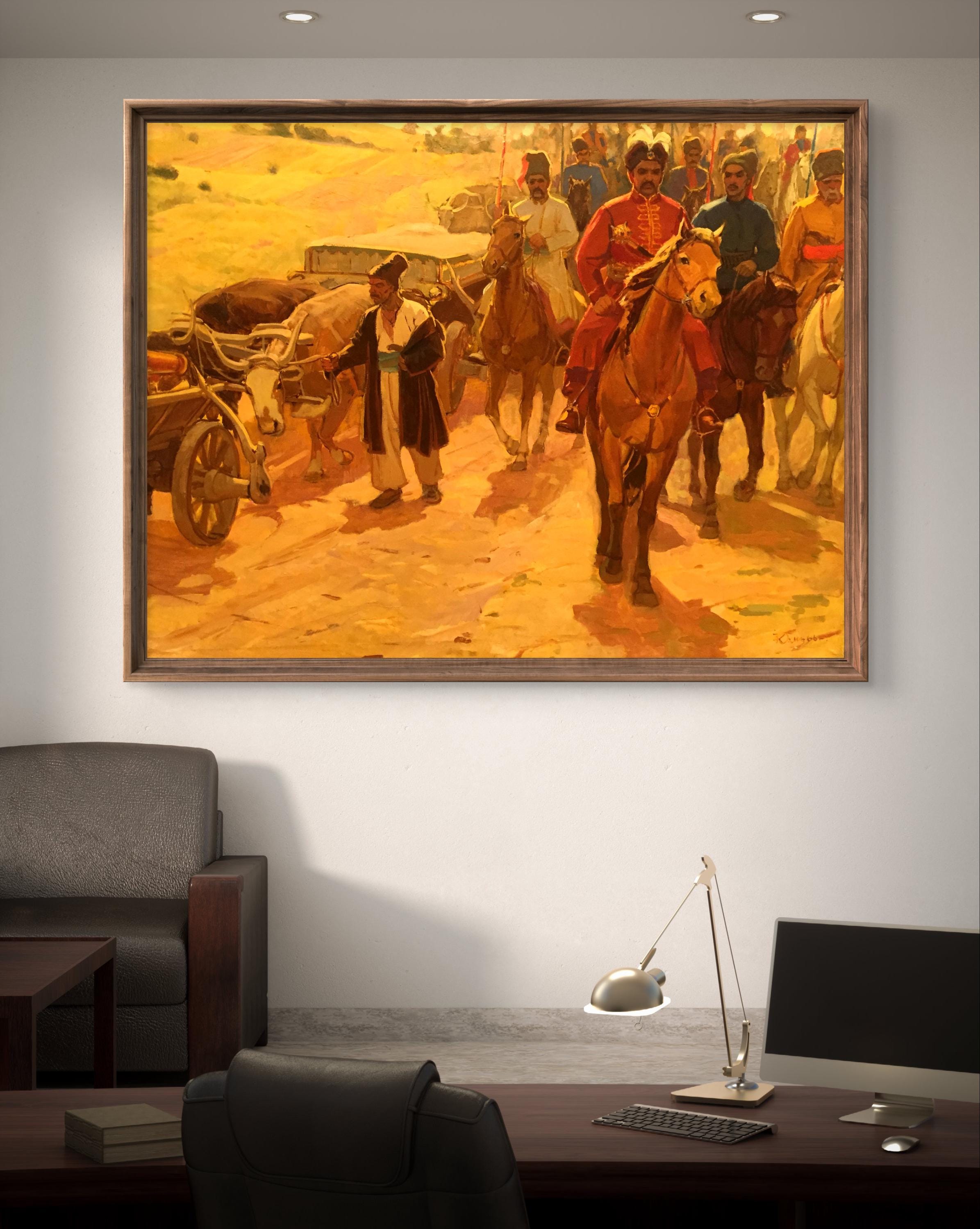 油絵社会リアリズムオリジナル、キャンバスの油絵、馬に乗った移民と