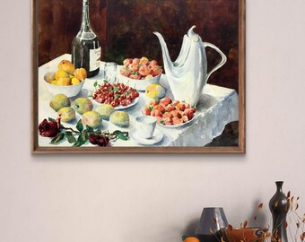 水彩画の静物画、オリジナル水彩画、紙に描いた果物とワインのボトルの