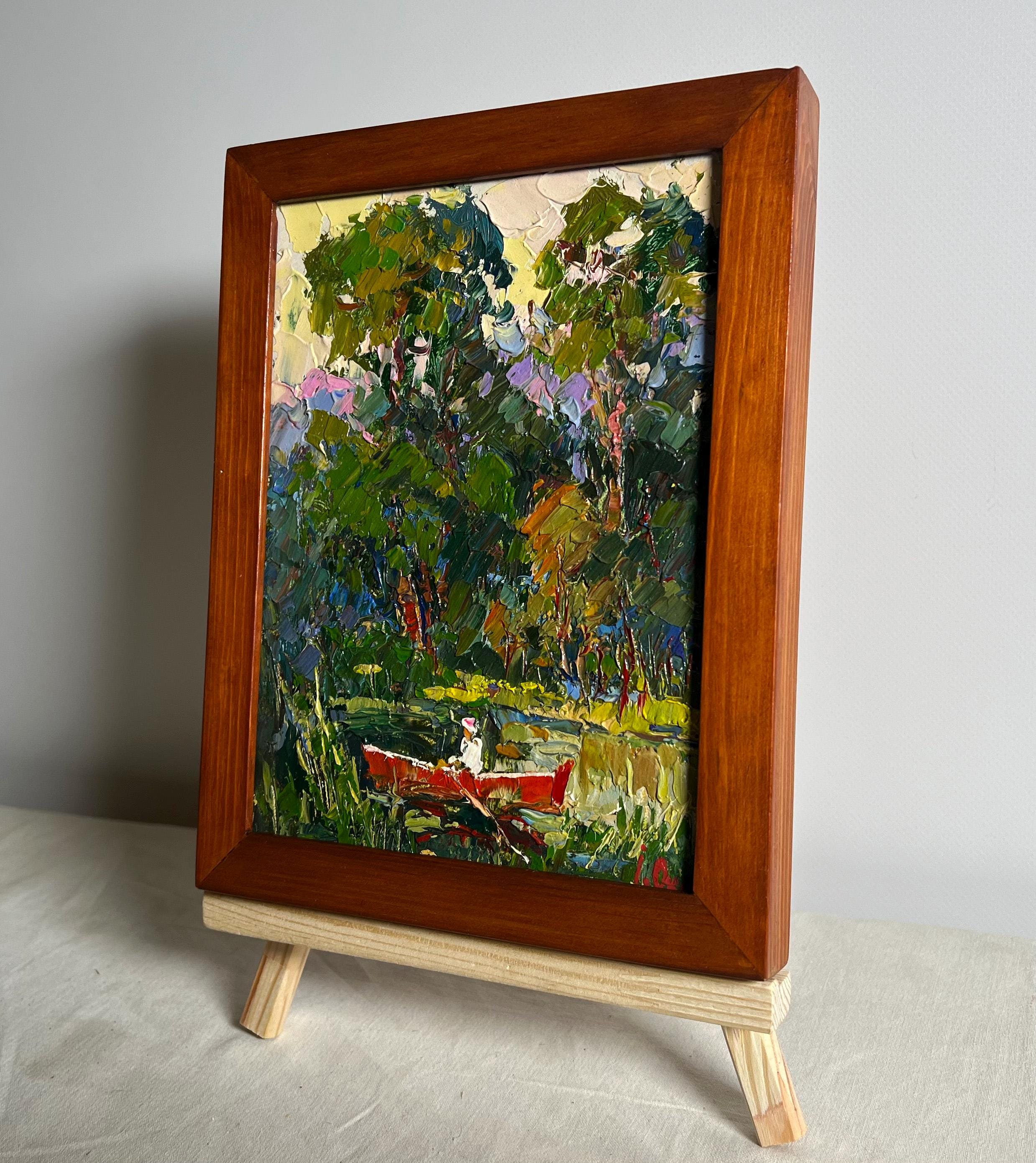 油絵　（自作） 油絵風景画オリジナル、段ボールに描いた絵画、風景画、手作りアート
