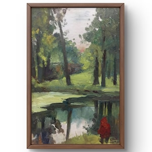 Ölbild Landschaft original, Ölgemälde auf Karton, Waldlandschaft mit hohen Bäumen und See, handgefertigte Kunst, ohne Rahmen