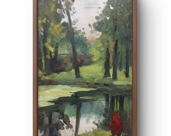Oil painting landscape original, oil painting on cardboard, serene forest landscape with tall trees and lake, handmade art, unframed