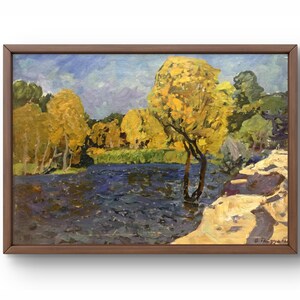 Pintura a óleo paisagem original, pintura a óleo sobre papelão, pitoresca paisagem de outono com rio, árvores, arte artesanal, sem moldura, arte de parede