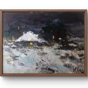Oil painting landscape original, oil painting on canvas, quiet winter evening with house and trees, handmade art, unframed, wall art