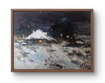 村の風景油絵 田舎道の冬景色 雪の降る夜 紫の夕日 穏やかなオリジナル