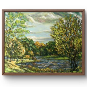 Oil painting landscape original, oil painting, peaceful landscape on the river bank with calm sky, handmade art, unframed, wall art
