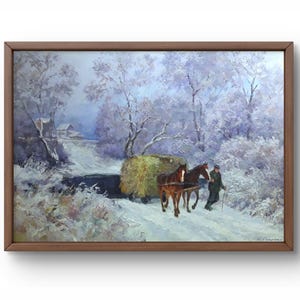 Pintura a óleo paisagem original, pintura em papelão, paisagem de inverno, arte artesanal, natureza, sem moldura, paisagem de estrada florestal, arte de parede
