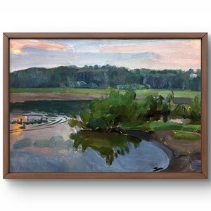 Pintura al óleo paisaje original, pintura al óleo sobre cartón, paisaje tranquilo con río rodeado de vegetación, arte hecho a mano, enmarcado, arte de pared