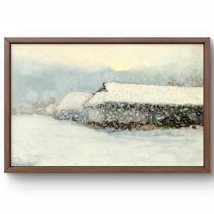 Pintura al óleo original de paisaje, pintura al óleo sobre cartón, escena tranquila de un pueblo invernal con casas, arte hecho a mano, enmarcado, arte de pared