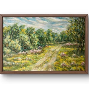 Pintura al óleo paisaje pintura al óleo original sobre cartón bosque de verano paisaje verde arte hecho a mano naturaleza enmarcado gris nublado arte de pared