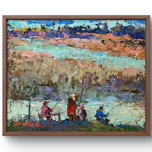 Pintura al óleo paisaje original, pintura sobre cartón, paisaje de río, arte hecho a mano, naturaleza, sin marco, paisaje de verano, arte de pared