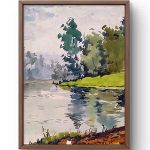 Pintura aquarela paisagem original, pintura em papelão, paisagem de lago, arte artesanal, natureza, sem moldura, paisagem de floresta, arte de parede