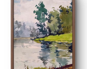 Pintura de acuarela de paisaje original, pintura sobre cartón, paisaje de lago, arte hecho a mano, naturaleza, sin marco, paisaje forestal, arte de pared
