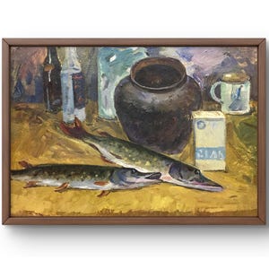 Pintura a óleo natureza morta original, pintura a óleo sobre papelão, natureza morta com duas lanças, jarro, garrafas, arte feita à mão, sem moldura, arte de parede