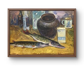 Oil painting still life original, oil painting on cardboard, still life with two pikes, jug, bottles, handmade art, unframed, wall art