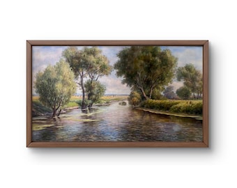 Oil painting landscape original, oil painting on canvas, calm river with green trees on the bank, handmade art, unframed, wall art