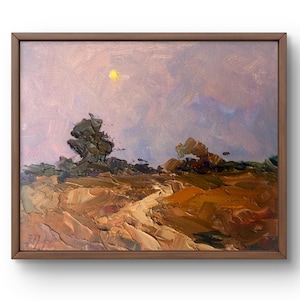Ölbild Landschaft original, Ölbild auf Leinwand, Landschaft mit Sonnenuntergang, Feld und Bäumen, ländliche Natur, handgefertigte Kunst, ohne Rahmen