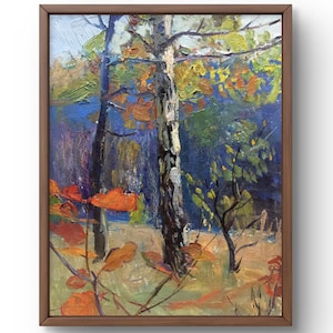 Pintura a óleo paisagem original, pintura a óleo sobre papelão, natureza de outono com bétulas, folhas douradas, arte artesanal, sem moldura, arte de parede