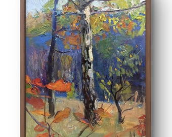Oil painting landscape original, oil painting on cardboard, autumn nature with birches, golden leaves, handmade art, unframed, wall art