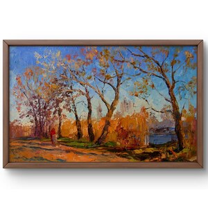 Pintura a óleo paisagem original, pintura a óleo, cena de outono com folhagem laranja e amarela brilhante sob um céu azul brilhante, arte, sem moldura