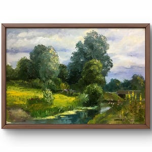 Pintura al óleo paisaje original, pintura al óleo sobre cartón, río rodeado de vegetación, con flores de color amarillo brillante, arte hecho a mano, sin marco