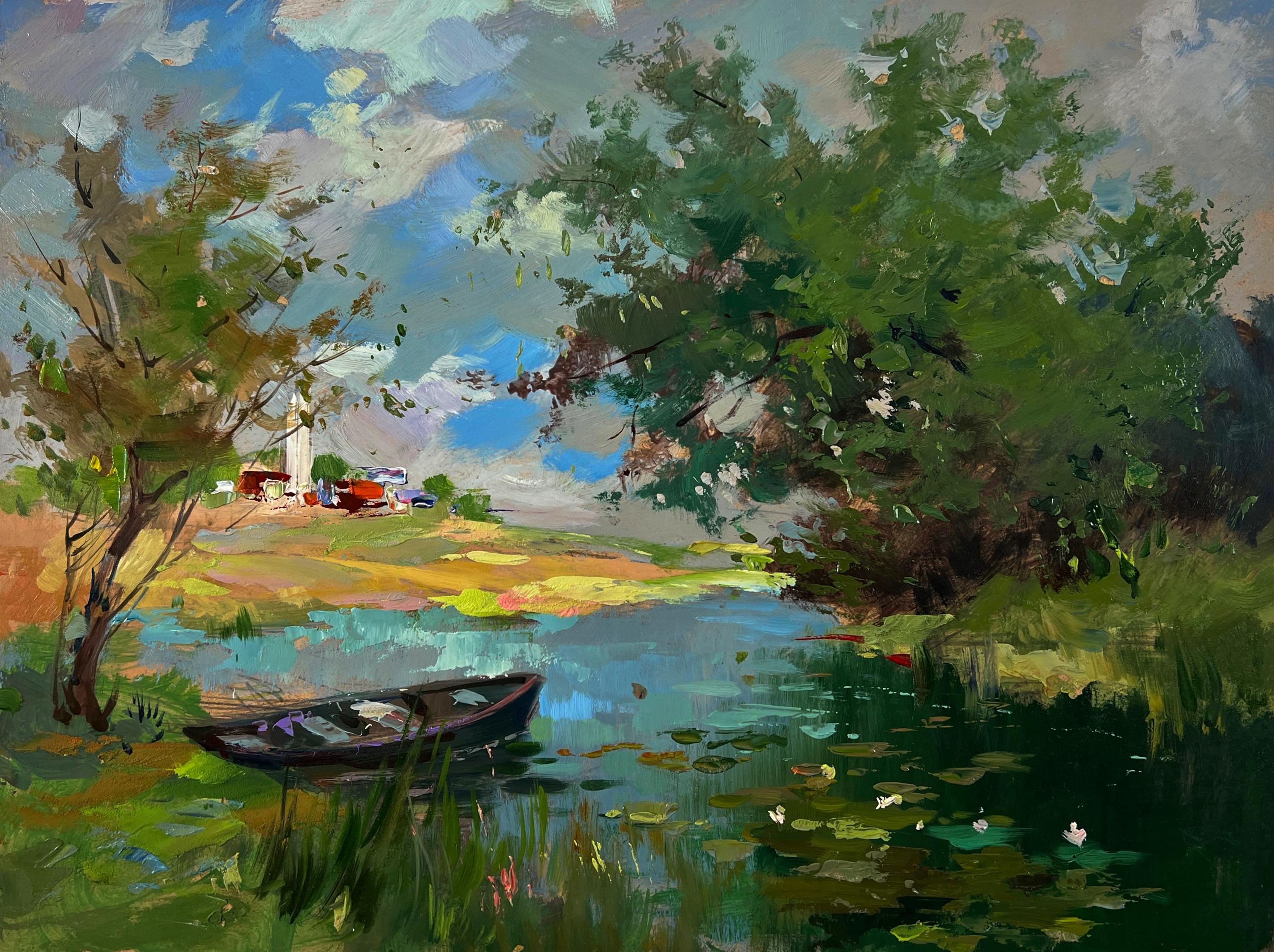 油彩風景画、川辺、緑の森、オリジナル絵画、夏の風景、自然愛好家、雲