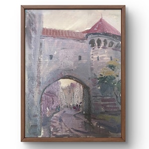 Pintura al óleo paisaje pintura al óleo original sobre cartón gris castillo paisaje hecho a mano arte ciudad sin marco óleo marrón paisaje arte de la pared