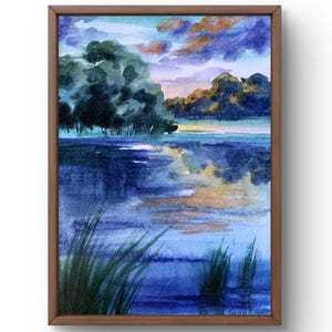 Acquerello dipinto paesaggio originale, dipinto su carta, paesaggio fluviale, arte fatta a mano, natura, senza cornice, paesaggio forestale, arte murale