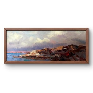 Pintura a óleo paisagem original, pintura em papelão, paisagem de costa rochosa, arte artesanal, natureza sem moldura, paisagem marinha, arte de parede