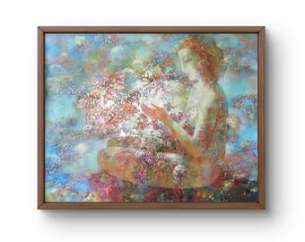 Oil painting abstract original, oil painting, a dreamlike figure surrounded by soft, ethereal shades of blue, handmade art, unframed