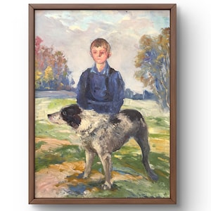 Pintura a óleo retrato original, pintura em papelão, retrato de menino, arte artesanal, natureza, sem moldura, retrato de cachorro, arte de parede