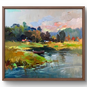 Pintura al óleo paisaje original, pintura sobre cartón, paisaje de río, arte hecho a mano, naturaleza, sin marco, paisaje de verano, arte de pared