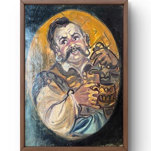 Retrato de pintura a óleo original, pintura a óleo sobre papelão, cossaco com bigode segurando jarro nas mãos, arte feita à mão, sem moldura, arte de parede