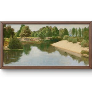 Pintura a óleo paisagem original, pintura a óleo sobre papelão, imagem de uma margem de rio tranquila cercada por vegetação exuberante, arte feita à mão, emoldurada