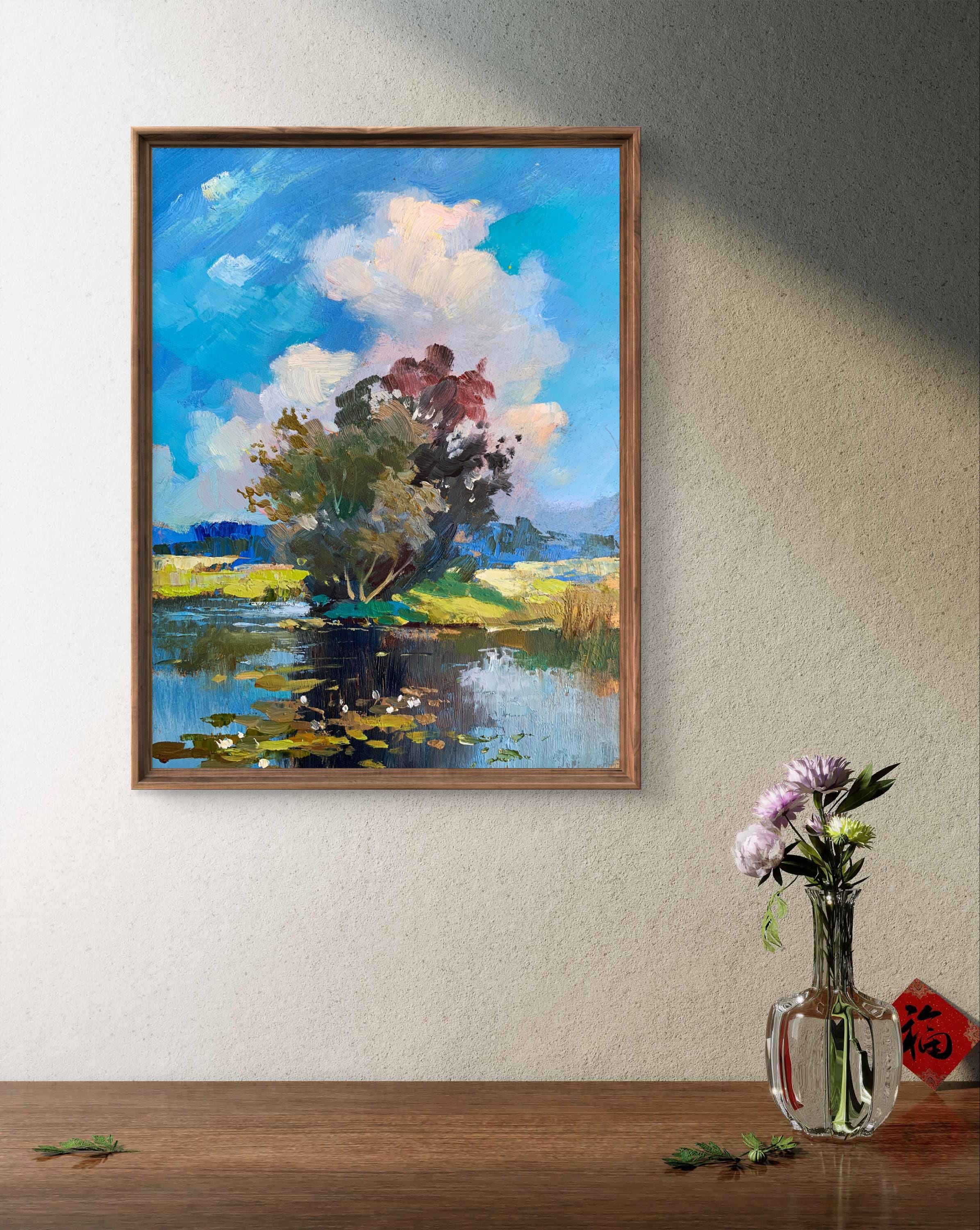 油絵風景画オリジナル、段ボールの油絵、水辺に木が立つ風景画、手作り