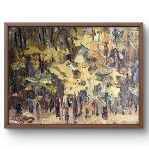 Pintura al óleo paisaje original, pintura al óleo sobre cartón, paisaje de bosque amarillo, arte hecho a mano, naturaleza, sin marco, árboles marrones, arte de pared