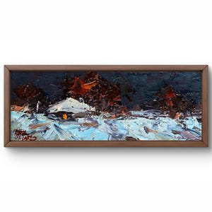 Pintura a óleo paisagem original, pintura em papelão, cenário de inverno, arte artesanal, natureza, sem moldura, paisagem noturna de vila, arte de parede