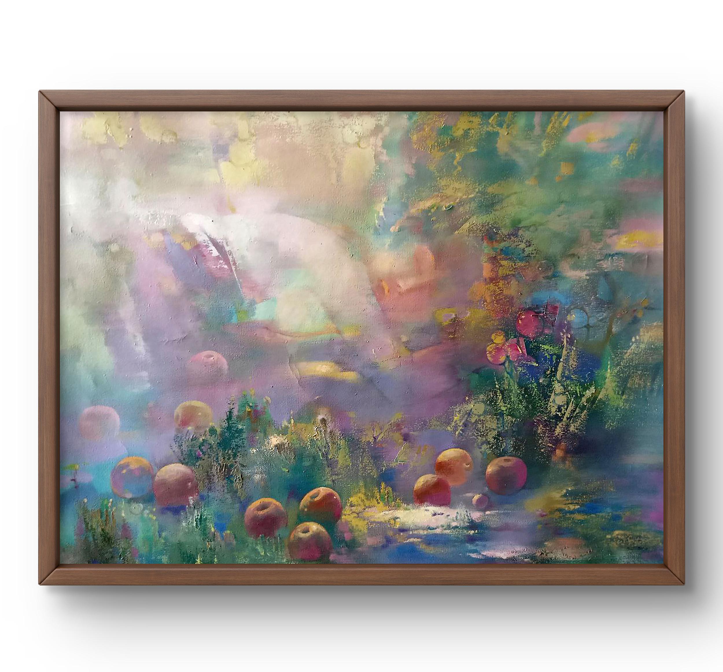 油絵抽象オリジナル、油絵、柔らかなパステルカラーで満たされた