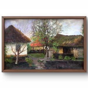 Pintura al óleo paisaje original, pintura al óleo sobre cartón, casas rurales rodeadas de vegetación y árboles, arte hecho a mano, enmarcado, arte de pared