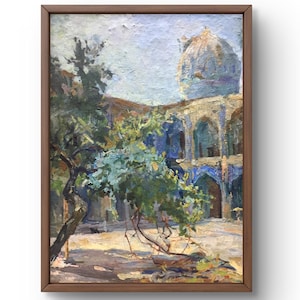 Pintura a óleo paisagem original, pintura a óleo sobre papelão, pátio com colunatas em arco e cúpula do edifício, arte artesanal