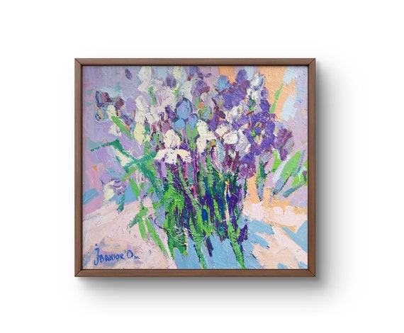 油絵の静物画、オリジナルの油絵、紫、白、緑の色合いの明るい花束