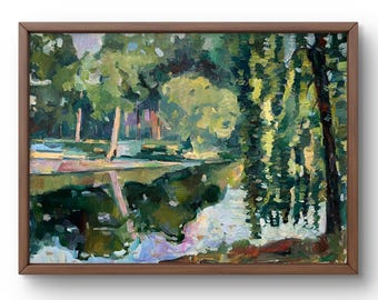 夏の川の風景オリジナル油絵、森の自然アートワークカスタム - Etsy 日本