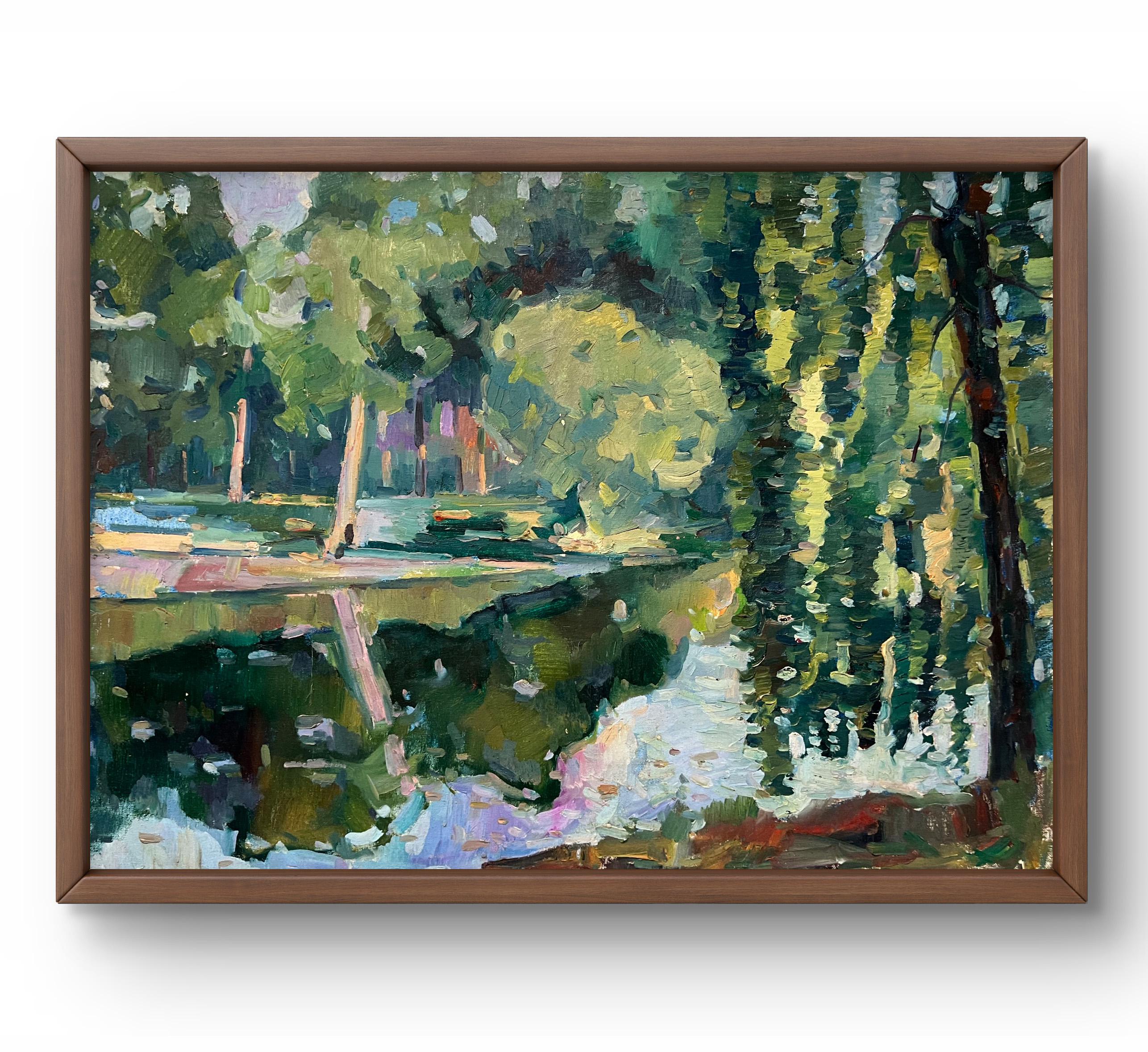 油絵風景画オリジナル、キャンバスに描いた絵画、川の風景、手作り