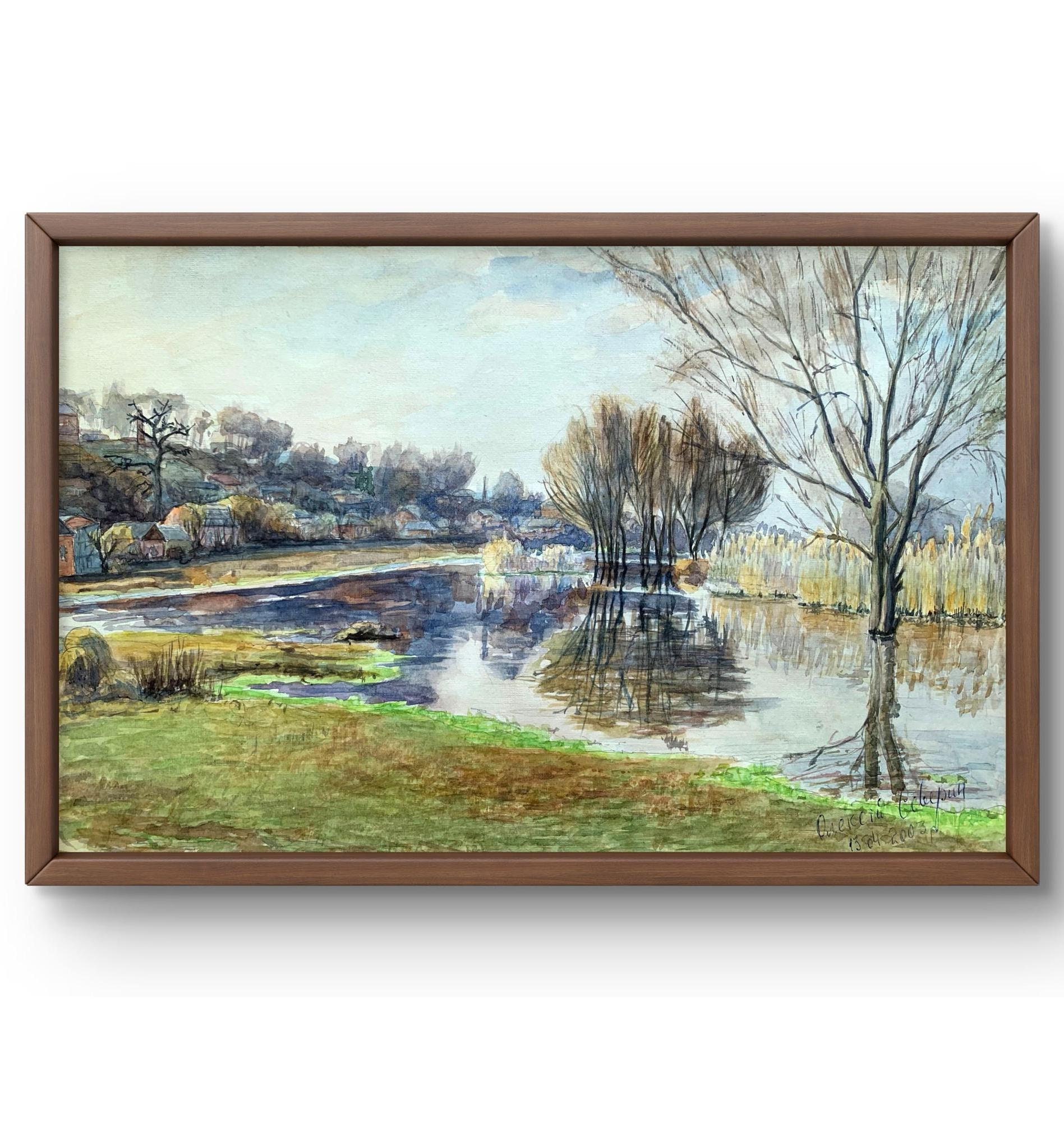 水彩風景画オリジナル、紙に描いた絵画、川の風景、手作りアート、自然