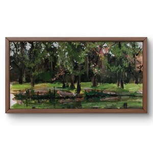 Pintura a óleo paisagem original, pintura a óleo sobre papelão, paisagem de floresta serena com árvores verdejantes, arte feita à mão, sem moldura, arte de parede