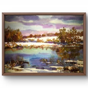 Pintura de acuarela paisaje original, pintura sobre cartón, paisaje de estanque, arte hecho a mano, naturaleza, sin marco, paisaje de invierno, arte de pared