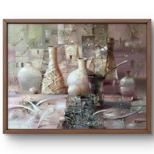 Oil painting still life original, oil painting on canvas, muted palette with textured surfaces with vases, handmade art, unframed, wall art