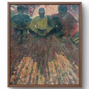 Pintura a óleo realismo social original, pintura a óleo sobre papelão, quatro pessoas sentadas em círculo sobre um piso de madeira, arte feita à mão, sem moldura