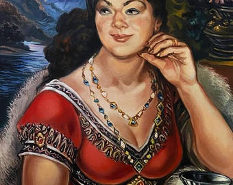 油絵の肖像画（オリジナル）、キャンバスに描いた油絵、伝統的な衣装を