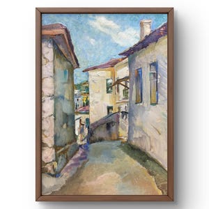 Pintura a óleo paisagem original, pintura a óleo sobre papelão, charmosa viela estreita entre edifícios da vila, arte feita à mão, sem moldura, arte de parede